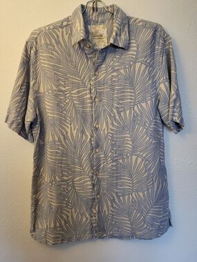 Silk/Linen Blend Shirt In A Tan And Blue Palm Print From Tasso Elba Island, Sm